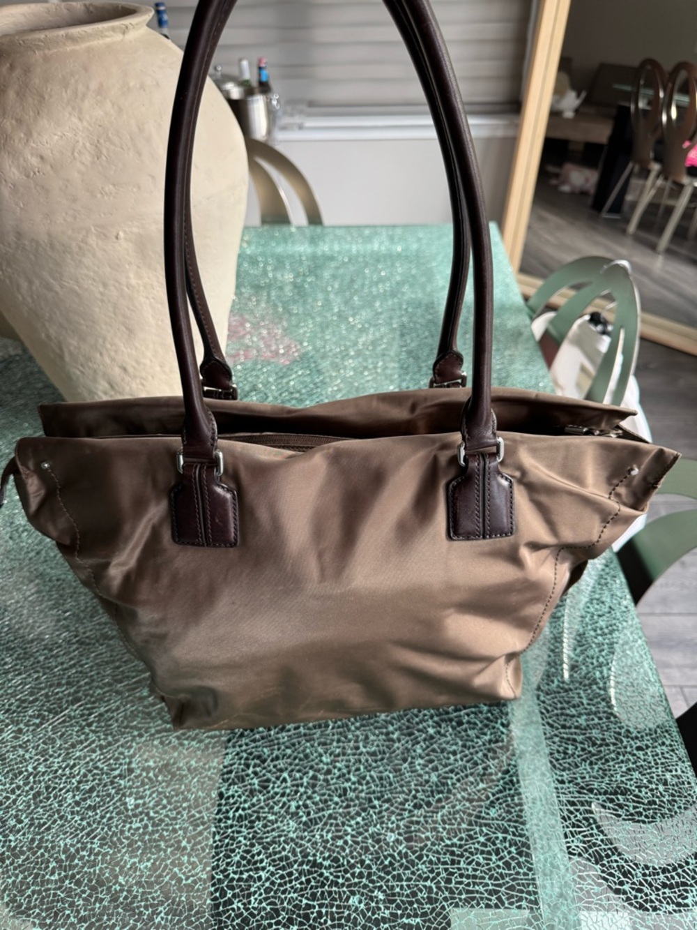 Tumi Olive Brown Nylon Tote with Dark Brown Leather Handles - Picture 2 of 8